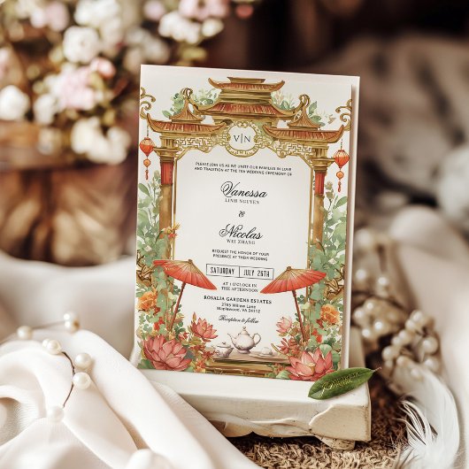 Aziatische rode parasol en lotus bloem bruiloft kaart