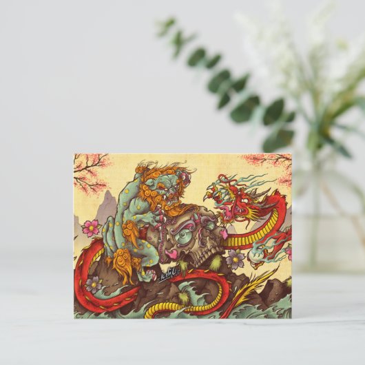 Aziatische scène met vogel en draak briefkaart (Staand voorkant)