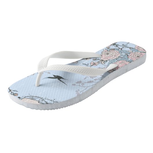 Aziatische Stijl Pastel Roze Lelies en Rozen op Bl Teenslippers (Schuin)