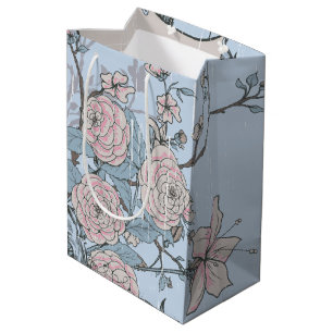 Aziatische stijl roze lelies en Rozen op blauw Medium Cadeauzakje