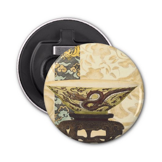 Aziatische tapijt met Bowl- en Drakenontwerp Button Flesopener (Voorkant)