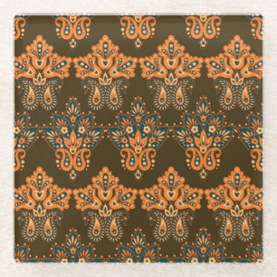 Aziatische Textiel Paisley: Bloemen Illustratie Glazen Onderzetter
