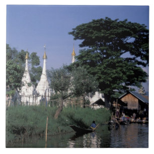 Azië, Myanmar, Inle Lake. Een drijvende markt. Tegeltje
