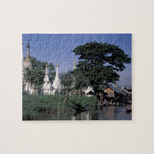 Azië, Myanmar, Inle Lake. Een zwevende markt. Legpuzzel