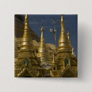 Azië, Myanmar, Yangon. Gouden stoepa van Shwedagon Vierkante Button 5,1 Cm