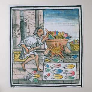 Aztec-ambachtslieden die veren verven poster