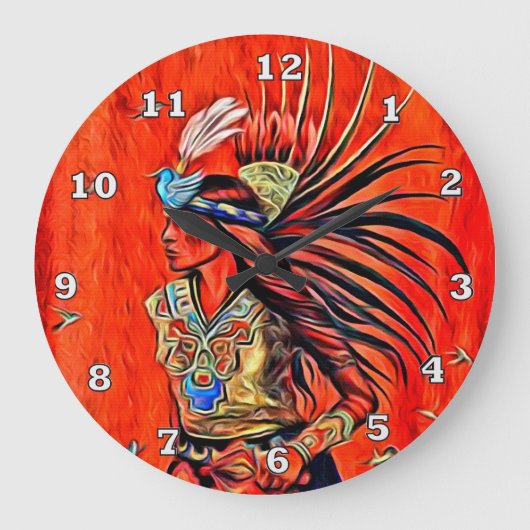 Aztec Bird Dancer Native American Clock Grote Klok (Voorkant)