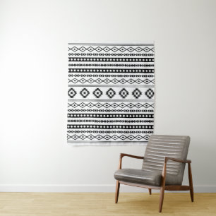Aztec Black op White Mixed Motifs Pattern Wandkleed