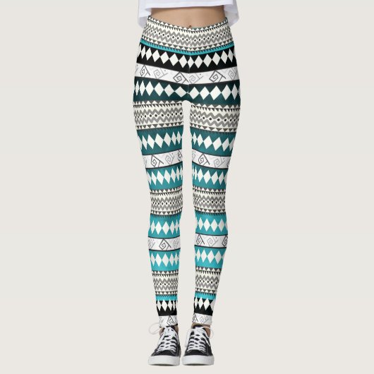 Aztec Blauwgroen blauw geometrisch Abstract patroo Leggings (Voorkant)