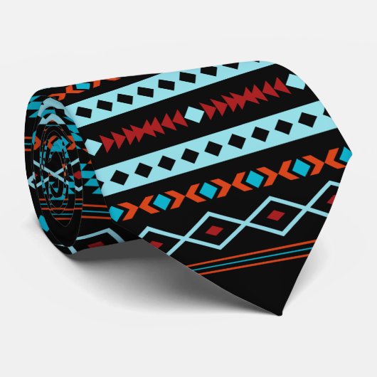 Aztec Blues Reds Black Mixed Motifs Rpt Pattern Stropdas (Opgerold)