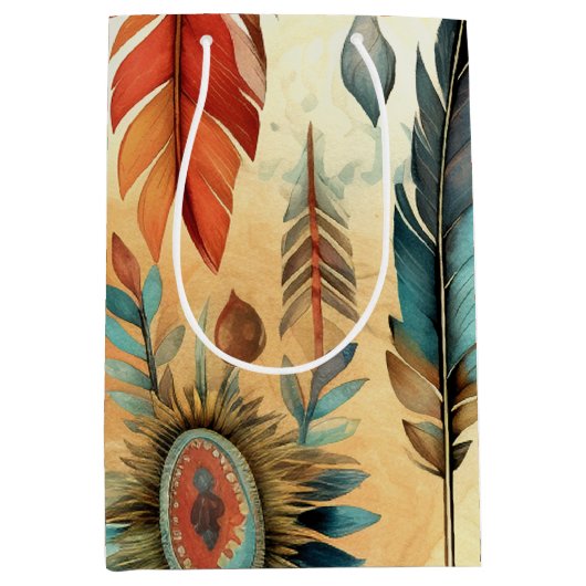 Aztec Boho Tribal Blauwe veren Medium Cadeauzakje (Voorkant)