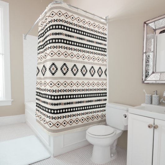 Aztec Brown Black Cream Mixed Motifs Pattern Douchegordijn (In situ)