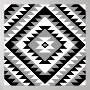 Aztec Diamond Motif Design Black White Grey Poster