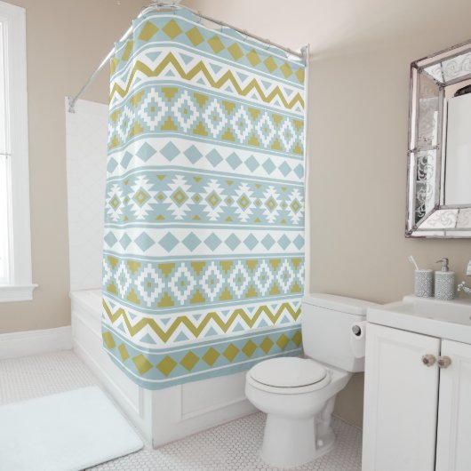 Aztec Essence Ptn IIIb Gold White & Duck Egg Blue Douchegordijn (In situ)
