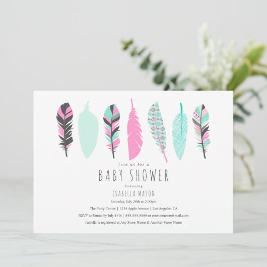 Aztec Feathers | Uitnodiging tot Baby shower (Staand voorkant)