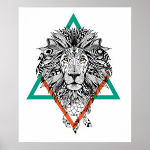 Aztec Geometric Lion Portret Poster