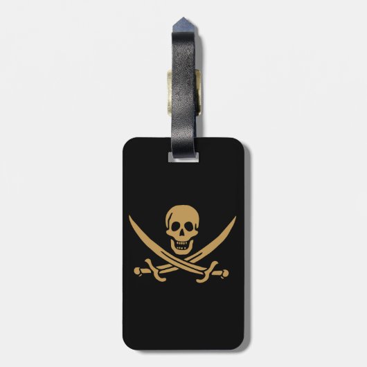 Aztec Gouden Schedel & Cutlass Piraat Calico Jack Bagagelabel (Achterkant verticaal)