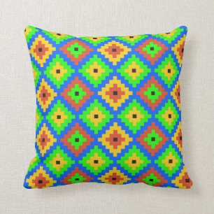 Aztec Mayan Brick Pattern Groen, blauw, geel Kussen
