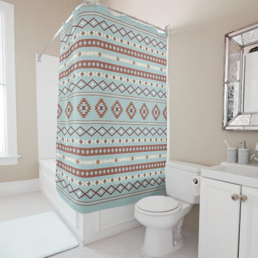 Aztec Mixed Motive Pattern Rusts Cream Blue Douchegordijn (In situ)