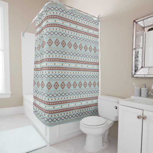 Aztec Mixed Motive RPT Pattern Rusts Cream Blue Douchegordijn (In situ)