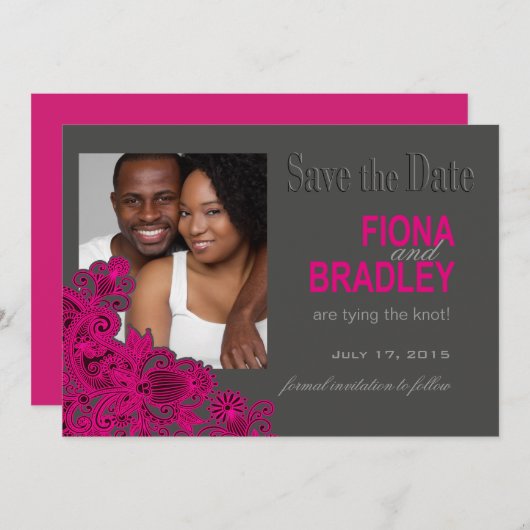 Aztec Paisley Photo Save the Date fuschia (Devant / Derrière)