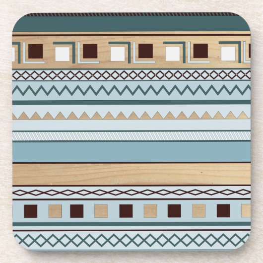 Aztec Pattern in Blue and Wood Grain Bier Onderzetter (Voorkant)
