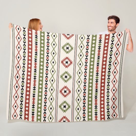 Aztec Rust Green Black Cream Mixed Motifs Pattern Fleece Deken (In situ)