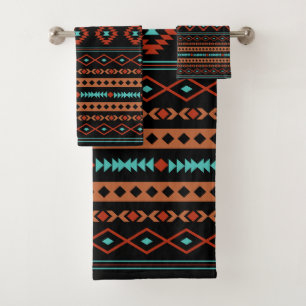 Aztec Rusts Blauwgroen zwarte gemengde motieven Bad Handdoek