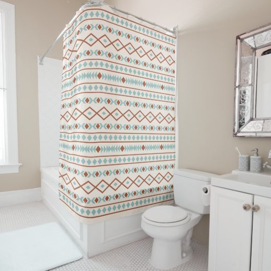 Aztec Shapes Pattern Rust Blauwgroen Cream Douchegordijn (In situ)