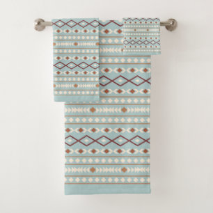 Aztec Shapes Pattern Rusts Cream Blauwgroen-Blue Bad Handdoek