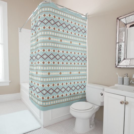 Aztec Shapes Pattern Rusts Cream Blauwgroen-Blue Douchegordijn (In situ)