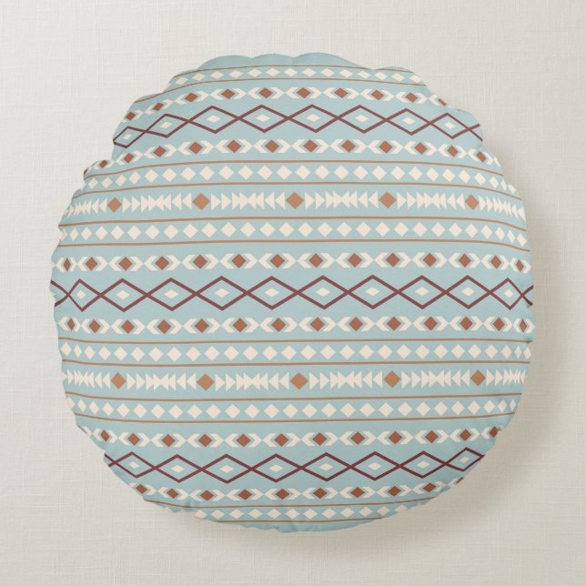 Aztec Shapes Pattern Rusts Cream Blauwgroen-Blue Rond Kussen (Voorkant)