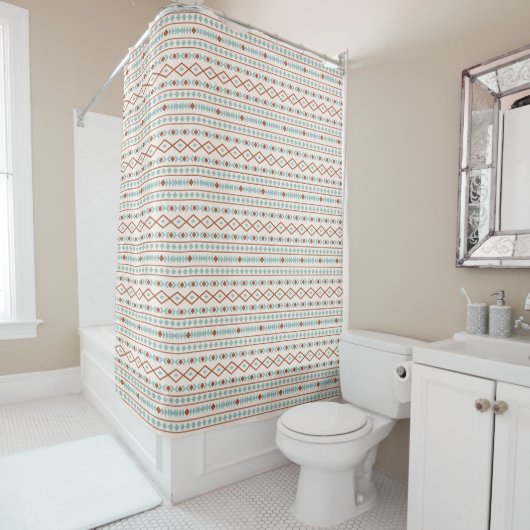 Aztec Shapes RPT Pattern Rust Blauwgroen Cream Douchegordijn (In situ)