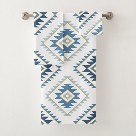 Aztec Style Motif Big Pattern Blues White Gold Bad Handdoek (Insitu)