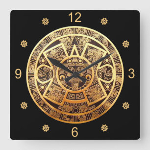 Aztec Sun Calendar ~ Gold & Black ~ Vierkante Klok