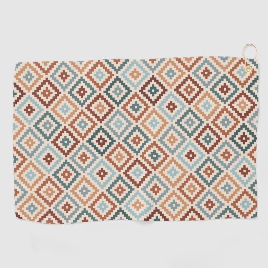 Aztec Symbol Block Big Pattern Teals Rusts Cream Golfhanddoek (Horizontaal)