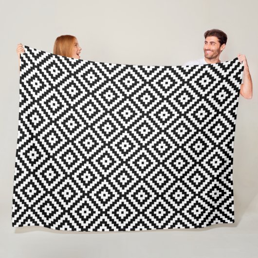 Aztec Symbool Block Rpt Ptn Black & White II Fleece Deken (In situ)