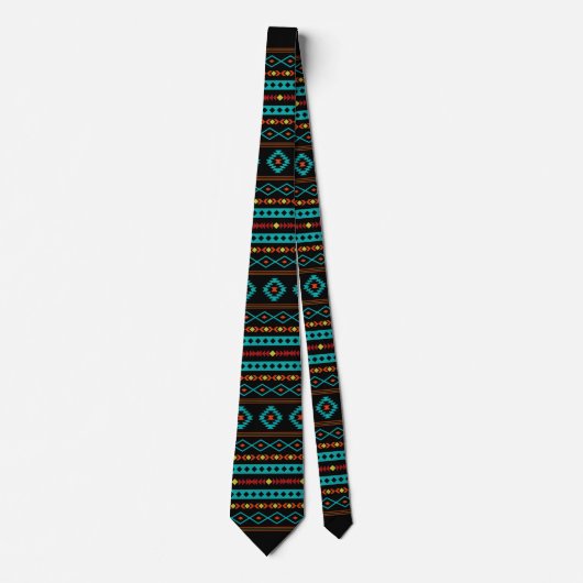 Aztec Teal Reds Yel Blk Mixed Motives Rpt Pattern Stropdas (Voorkant)