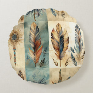 Aztec Tribal Feathers Medicine Stick Rond Kussen