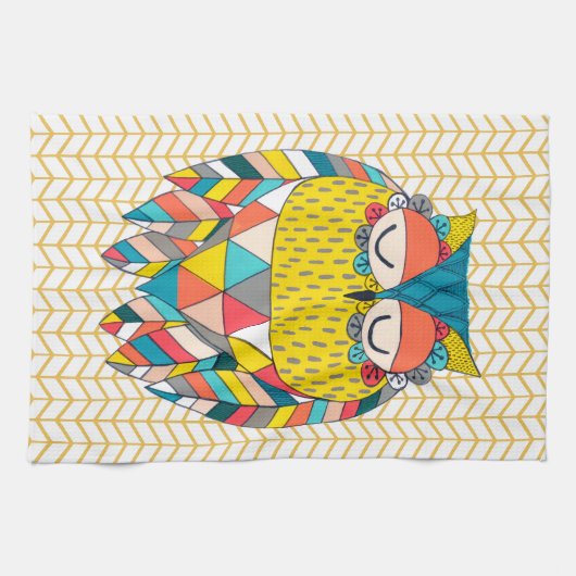 Aztec Tribal Moderne Uil Illustratie Keukenhanddoe Theedoek (Horizontaal)