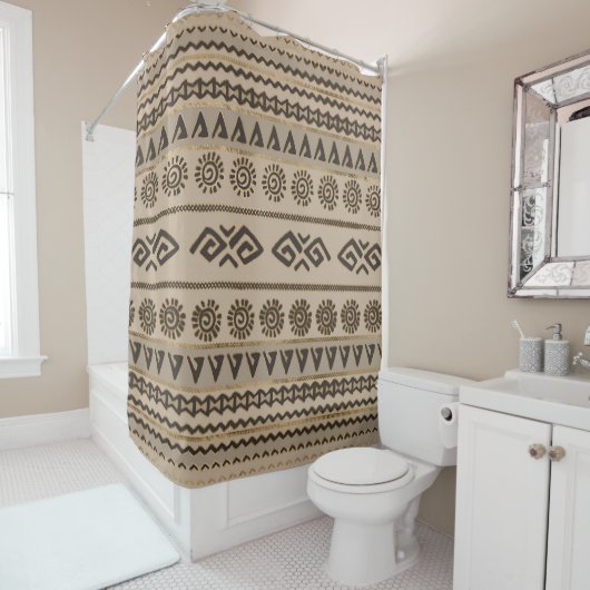Aztec Tribal Pattern Beige and Gold Douchegordijn (In situ)