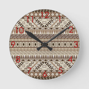 Aztec Tribal Print Neutrale Browns Beige Taupe red Ronde Klok