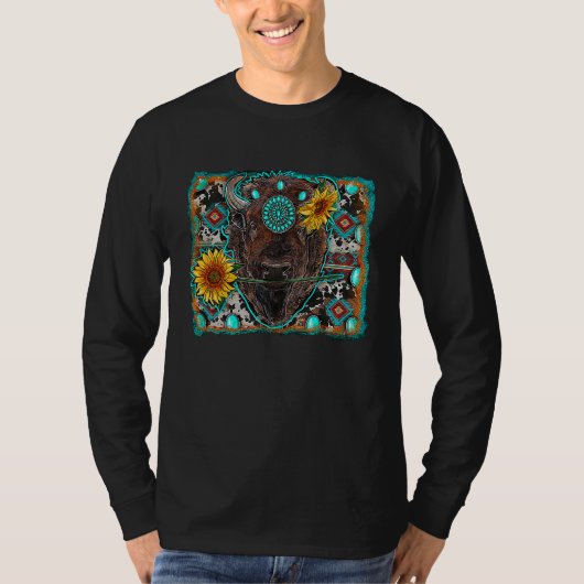 Aztec Turquoise Sunflower bison Western Rodeo Boho T-shirt (Voorkant)