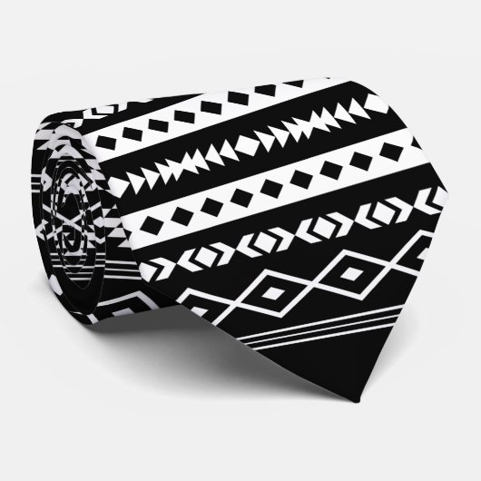Aztec White on Black Mixed Motives Repeat Pattern Stropdas (Opgerold)