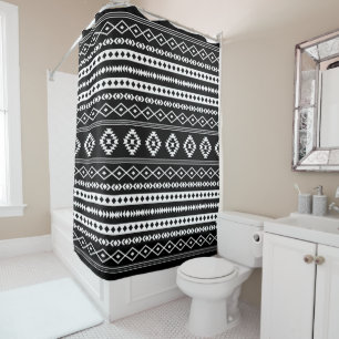 Aztec White op Black Mixed Motifs Pattern Douchegordijn