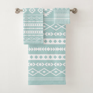 Aztec White op Light Blauwgroen Mixed Motifs Patte Bad Handdoek