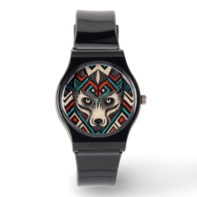 Aztec Wolf Face Horloge (Voorkant)