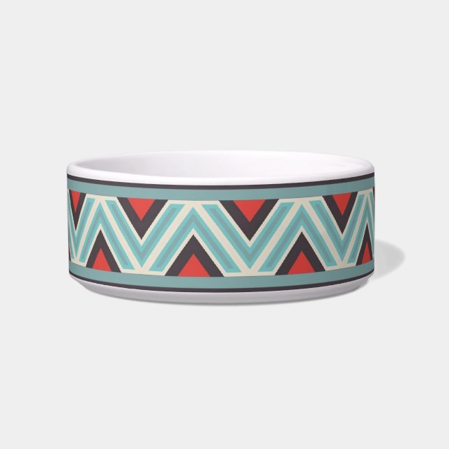 Aztec Zig Zag en Stripes Blue Red Pattern Voerbakje (Voorkant)