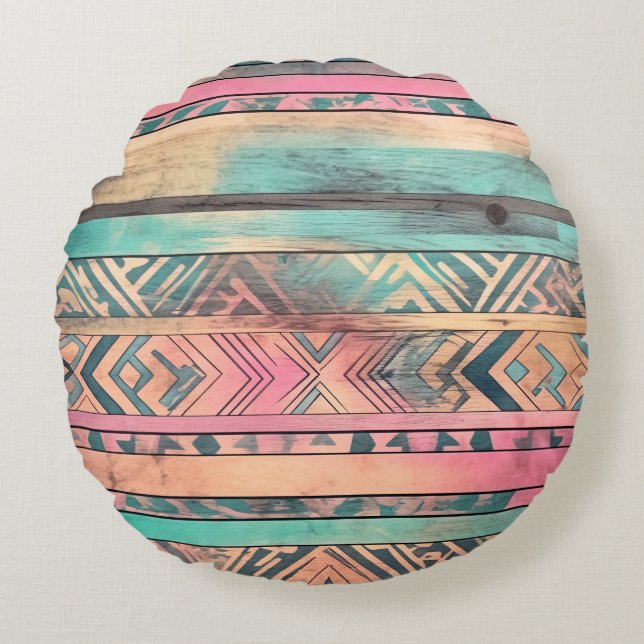 Aztec zuidwestelijk blauw en roze stam rond kussen (Voorkant)