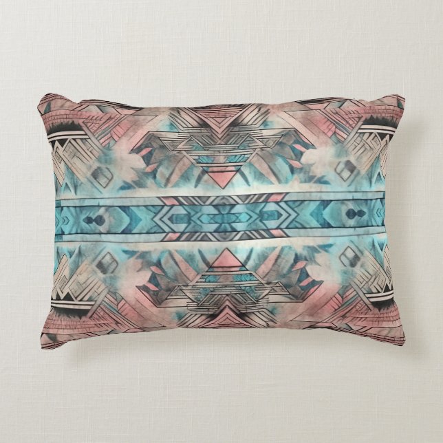 Aztec zuidwestelijke pastel roze en blauw accent kussen (Voorkant)